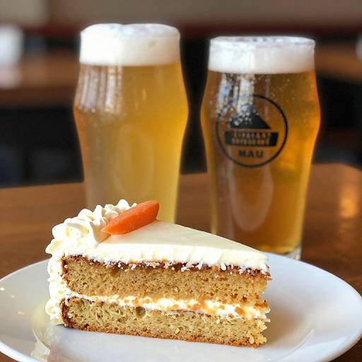 Photograph of a slice of carrot cake with white icing and a carrot slice, in front of two frothy beers on a wooden table.