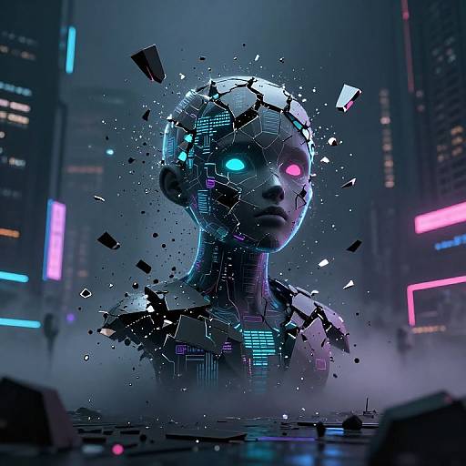 Digital CGI of a cybernetic humanoid with glowing blue and pink eyes, fragmented head, and neon cityscape background. Broken circuitry pieces float around