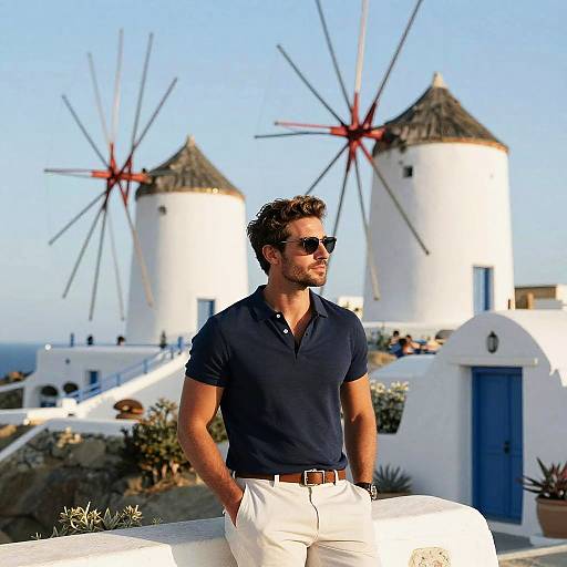 Photograph of a handsome, muscular man with dark hair, sunglasses, navy polo, and white pants, sitting on a whitewashed balcony with two