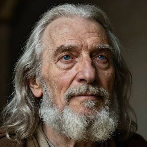 Photograph of an elderly man with long white hair, blue eyes, and a full white beard, wearing a brown robe, looking pensively to the