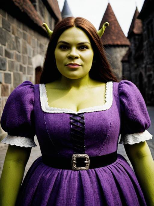 Woman in Purple Dress Shrek Costume