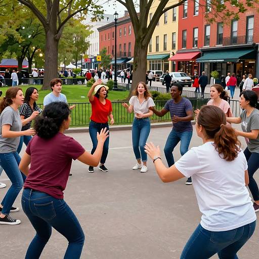 Photograph of a diverse group of young adults dancing in a lively urban street, surrounded by trees and brick buildings.