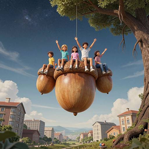 Photorealistic CGI of five children joyfully swinging on a giant wooden acorn, hanging from a tree in a sunny suburban park.