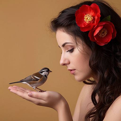 Photograph of a fair-skinned woman with dark hair, adorned with red flowers, gently holding a small brown and white bird against a beige background.