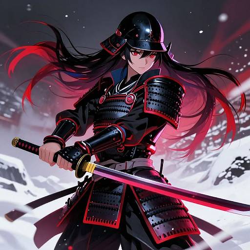 Digital anime-style drawing of a fierce female samurai with long black hair, red eyes, and red-tinted armor, gripping a glowing red kat