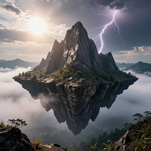 Digital artwork of a jagged, lightning-struck mountain island rising from a misty, reflective lake at sunrise, with dramatic clouds and distant mountains.