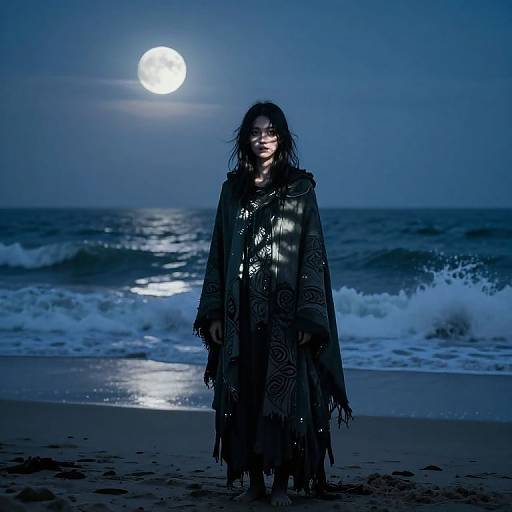 Photograph of a mysterious woman in a black, patterned, fringed dress standing on a moonlit beach with waves crashing in the background. Full