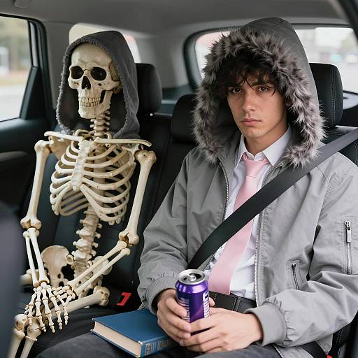 Eerie Car Ride with a Skeletal Companion