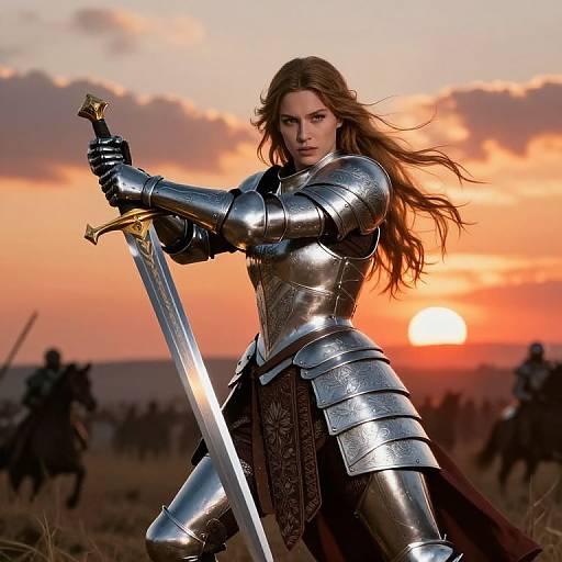 Photorealistic digital image of a determined, brown-haired woman in shining silver armor, holding a sword against a vibrant sunset, with silhouetted