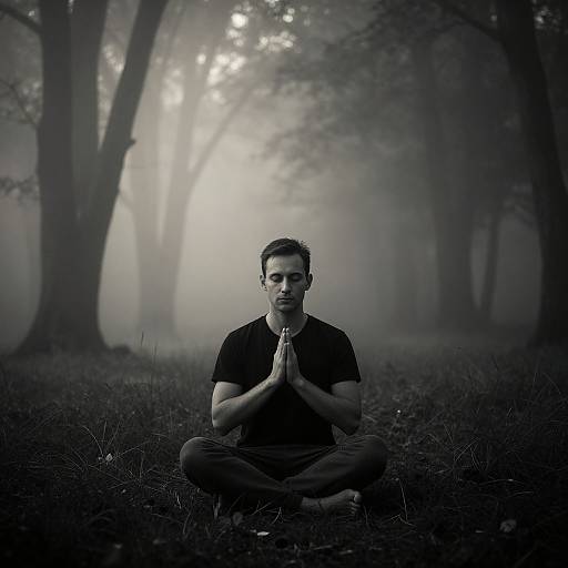 Photograph of a man with short dark hair, sitting cross-legged in a foggy forest, hands in prayer, wearing a black t-shirt and pants