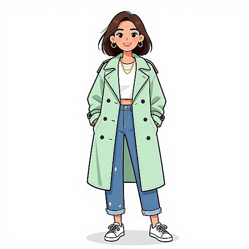 Digital illustration of a smiling young woman with medium brown skin and shoulder-length dark brown hair, wearing a light green coat, white crop top, blue high
