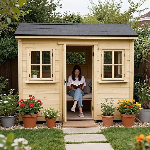 Photograph of a woman with dark hair, white shirt, and blue jeans, reading in a small yellow wooden garden shed, surrounded by potted flowers