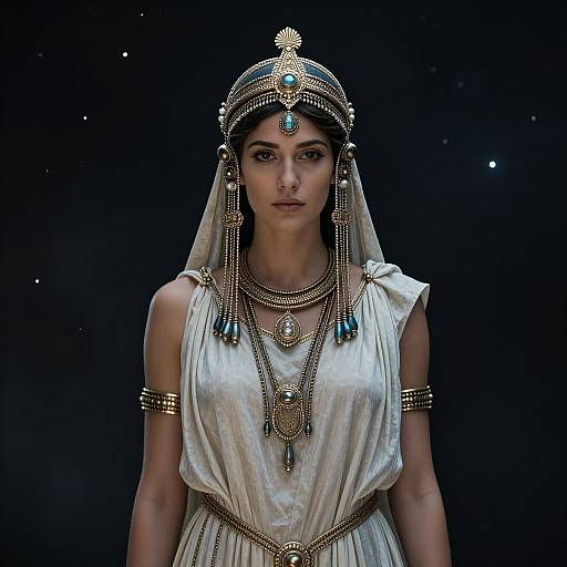Photograph of a woman in ancient Middle Eastern attire, wearing a gold headpiece with turquoise jewels, white draped dress, and detailed jewelry, against a