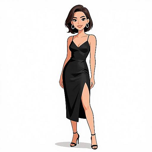 Digital illustration of a confident woman with short black hair, wearing a black, sleeveless, high-slit dress and black heels, standing against a plain
