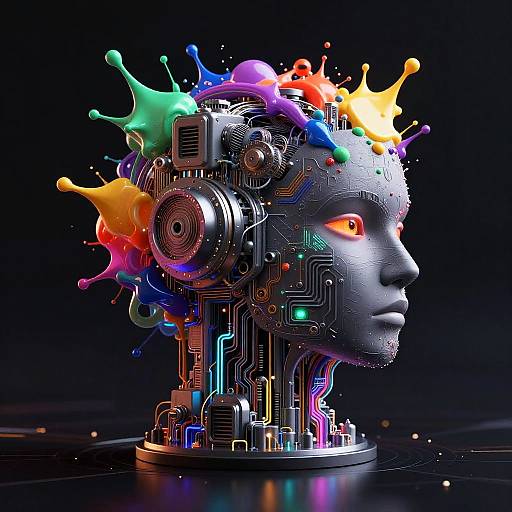 Digital art of a futuristic, cybernetic head with colorful splashes, glowing red eyes, intricate circuitry, and vibrant neon accents against a black