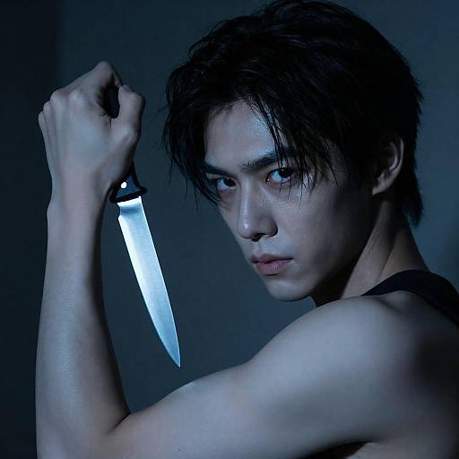 Serious man holding knife with dramatic lighting