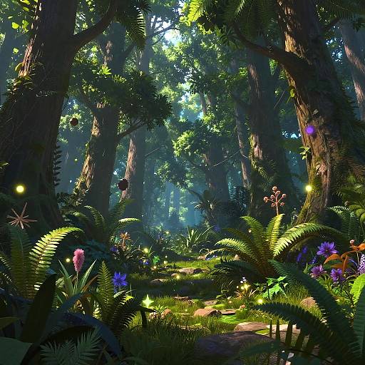 Enchanting forest scene: sunlight filters through towering trees, illuminating lush green ferns, vibrant purple and blue flowers, and glowing fireflies.