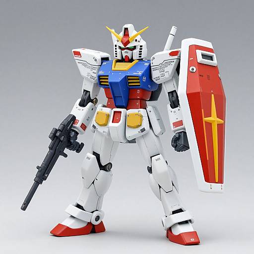 Photograph of a detailed, colorful Gundam-style mecha robot with white armor, red and blue chest, yellow accents, holding a gun and red shield
