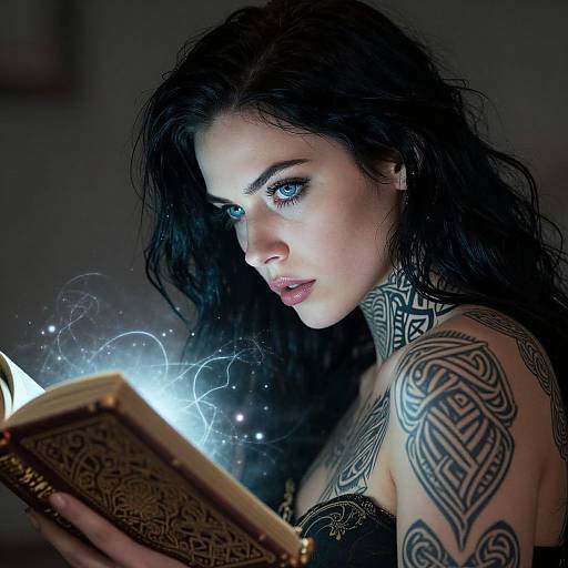 Photograph of a tattooed woman with blue eyes, long black hair, and intricate neck and shoulder tattoos, intensely reading a glowing, ancient book emitting