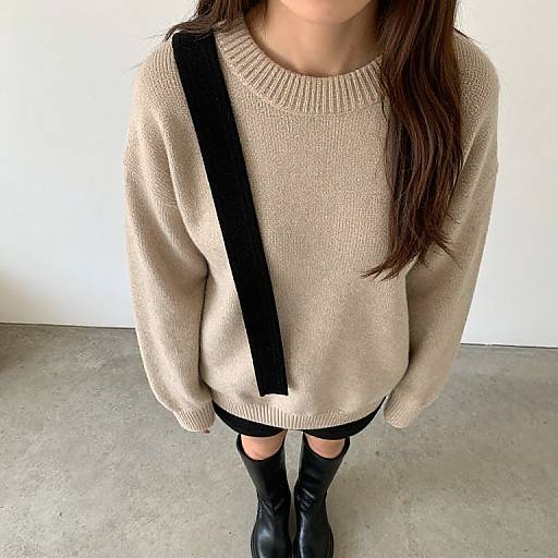 Photograph of an Asian woman with long brown hair, wearing a beige knit sweater, black shoulder strap, black shorts, and black boots, standing on