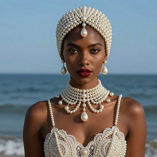 Dark-skinned Woman with Intricate Pearl Headpiece by Ocean