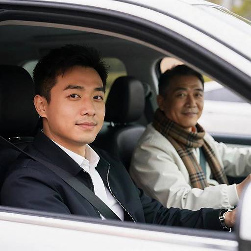 Two Men in Car with Driver Smiling