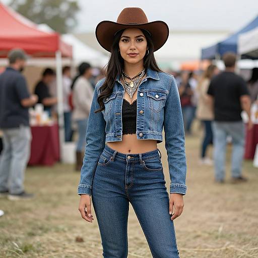 Photograph of a young woman with long dark hair, wearing a brown cowboy hat, denim jacket, black crop top, and high-waisted jeans
