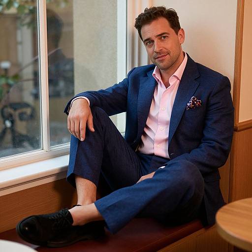 Photograph of a handsome, dark-haired man in a navy suit, white shirt, and black loafers, sitting on a wooden window ledge, smiling