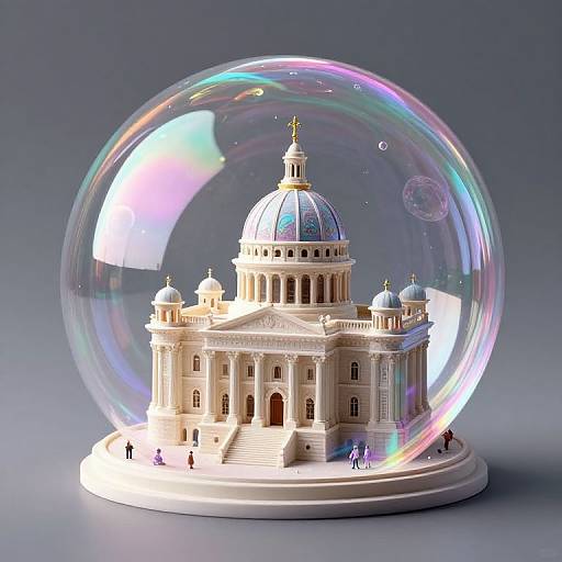 Photograph of a detailed, miniature neoclassical dome building encased in a transparent, iridescent bubble with rainbow reflections, set on a
