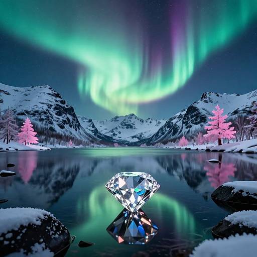 Photograph of a snow-covered lake reflecting vibrant green and purple auroras, with a glowing, gem-like crystal in the foreground. Pink, snow-d