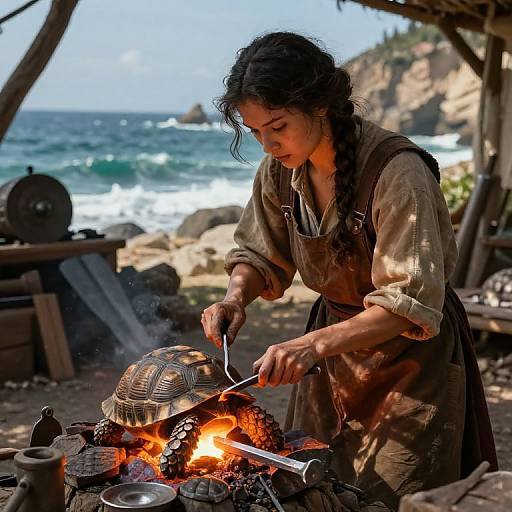 Photograph of a young woman with dark hair in braids, wearing a brown apron, cooking over a small outdoor fire by the ocean.