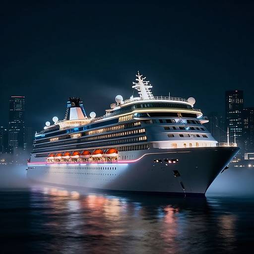 Photograph of a brightly lit, multi-deck cruise ship sailing at night, reflecting on calm water with a city skyline in the background.