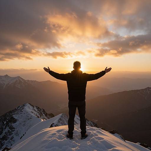 Photograph of a silhouetted person with arms outstretched, standing on a snowy mountain peak at sunset, with a vibrant orange and yellow