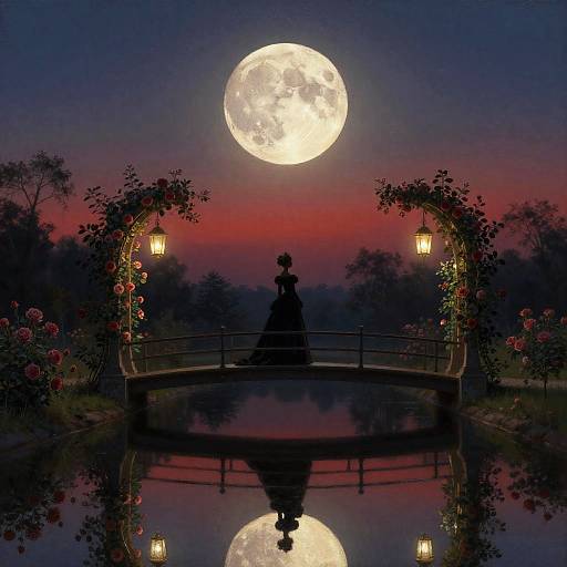 Silhouetted woman in dress on arched bridge reflected in calm water, under full moon, twilight sky, illuminated lanterns, pink roses.