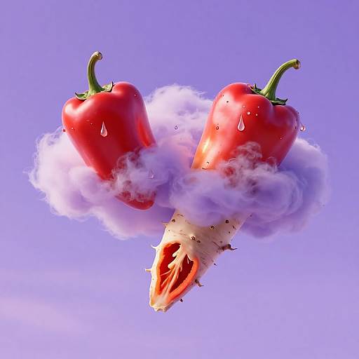 Photograph of three vibrant red bell peppers floating in a cloud of white smoke against a clear blue sky.