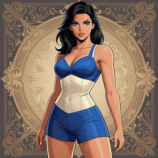 Digital artwork of a strong, muscular woman with blue eyes and black hair, wearing a blue and white sports bra and shorts, against an ornate,