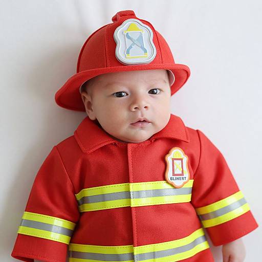 Photograph of a baby wearing a red firefighter costume with yellow stripes, a shiny helmet, and a reflective patch, standing against a white background.
