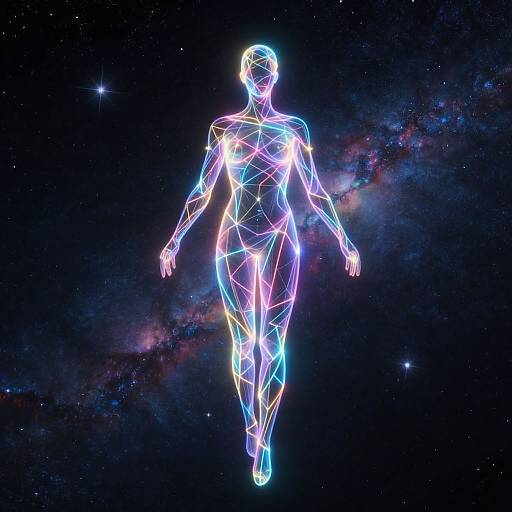 Neon-lit, wireframe human figure floating in space, surrounded by a colorful galaxy with stars and nebulae, creating a futuristic, eth
