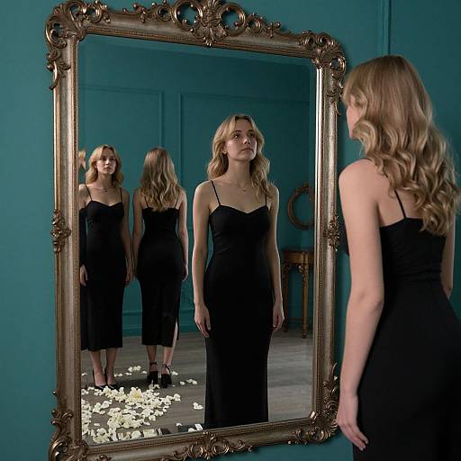Photograph of a blonde woman in a black dress standing before an ornate gold mirror, reflecting her image, with scattered white flowers on the floor,