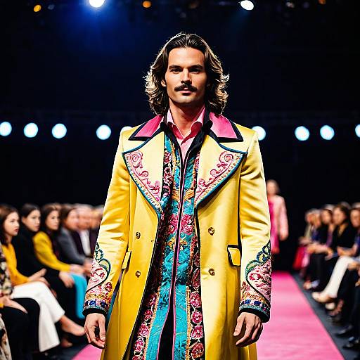Male Model in Embroidered Yellow Coat on Runway