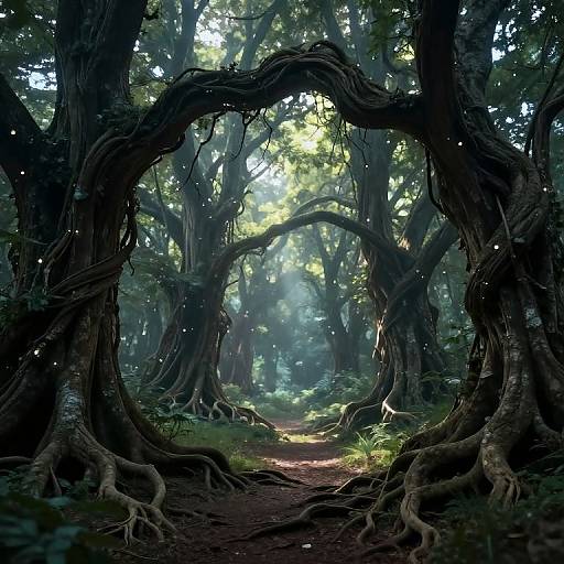 Photorealistic digital artwork of a mystical forest with a large, twisted tree archway, sunlight filtering through dense foliage, and a dirt path leading through