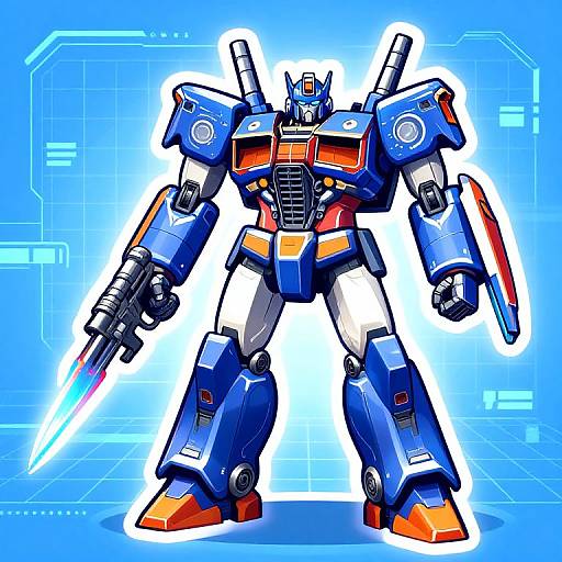 Digital drawing of a blue and orange, heavily armored, humanoid robot with a glowing sword in one hand and a weapon in the other, standing on a