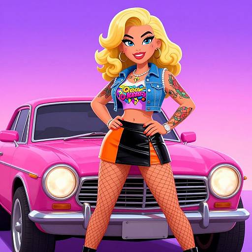 Confident Tattooed Pin-Up with Vintage Car