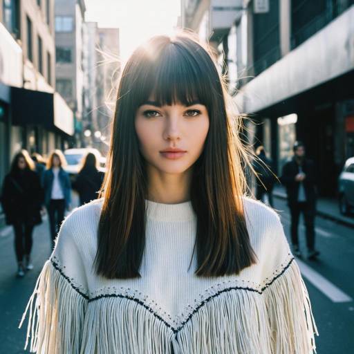 Young Woman with Fringed Straight Hair in Urban Street
