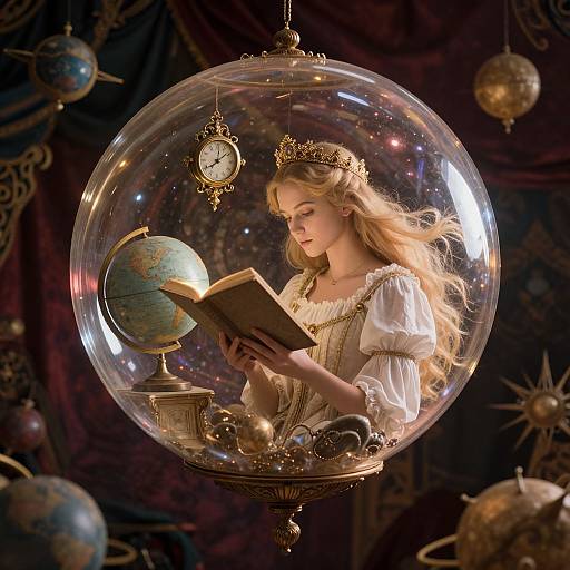 Photograph-style digital art: A blonde princess with a crown, white dress, and golden accents reads a book inside a glowing, ornate glass bubble