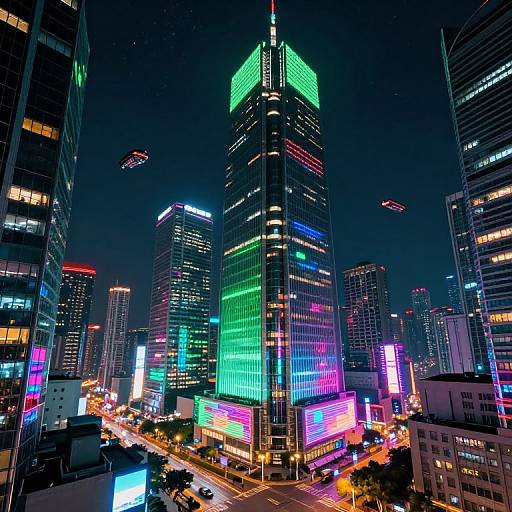 Neon-lit skyscrapers illuminate a bustling cityscape at night, with vibrant green, pink, and blue lights on tall buildings, and two