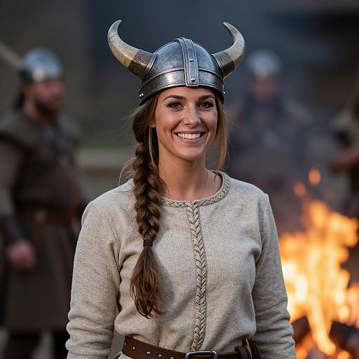 Photograph of smiling woman in medieval Viking helmet and gray braided tunic, standing in front of a blazing fire, surrounded by blurred Viking warriors.