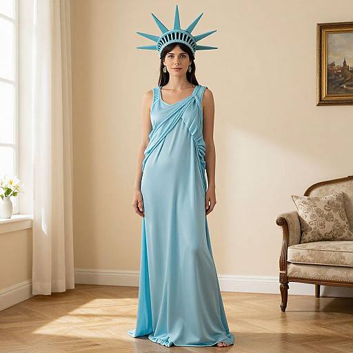 Photograph of a pregnant woman in a light blue, floor-length dress and a blue Statue of Liberty crown, standing in a sunlit, cream-colored