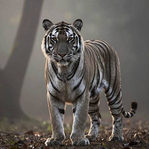 Photograph of a majestic Bengal tiger standing in a misty forest, with intense eyes, distinct black stripes on white fur, and sunlight filtering through trees