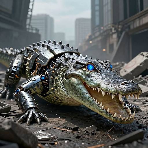 Photorealistic CGI of a cybernetic alligator with glowing blue eyes and sharp teeth, lying in a dark, ruined urban street.